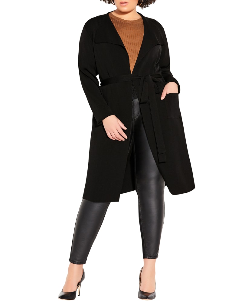 Front of a model wearing a size XS Delicate Knit Cardigan in Black by City Chic. | dia_product_style_image_id:228512